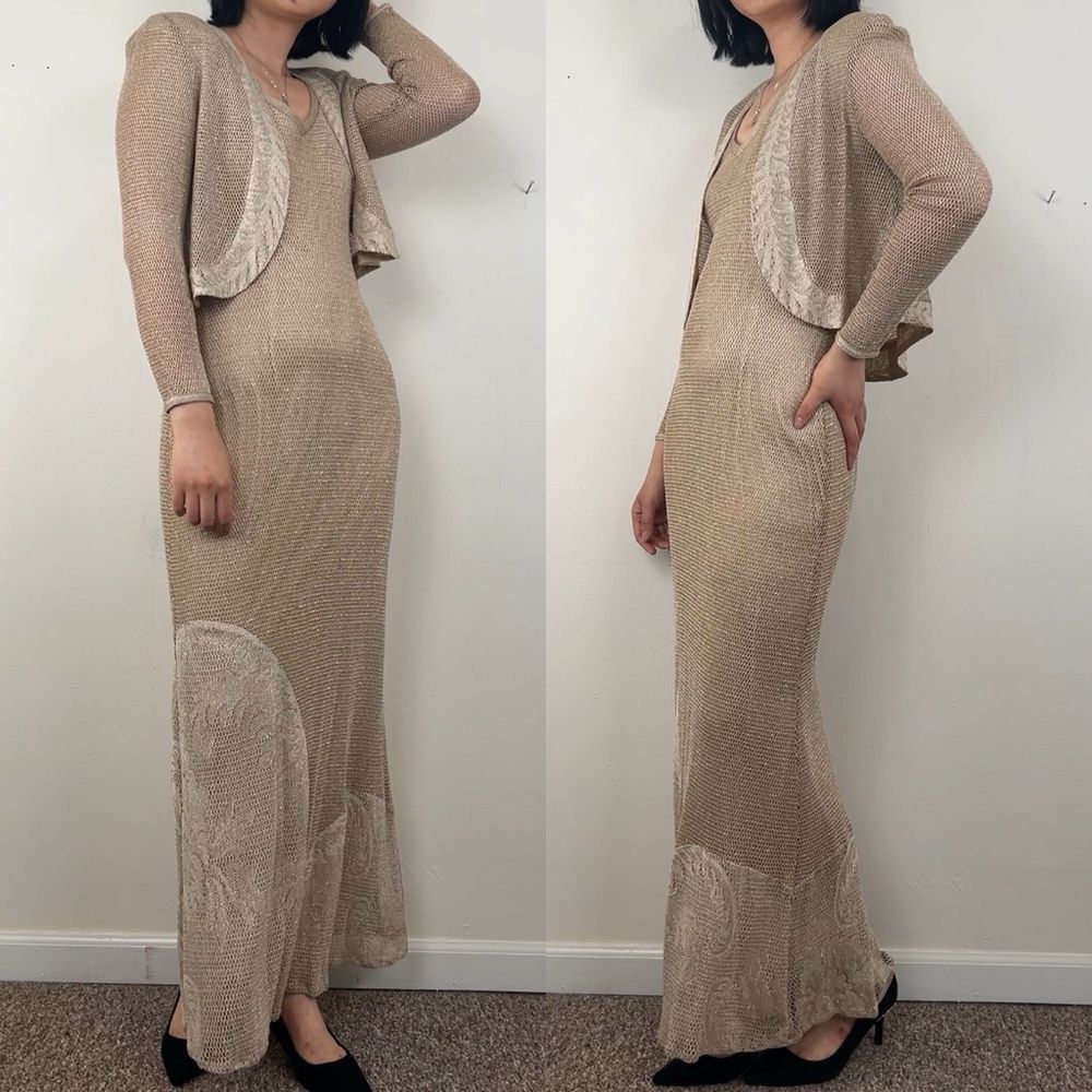 Vintage Damianou Gold Crochet 2-Piece Gown with Jacket - Picture 3 of 8